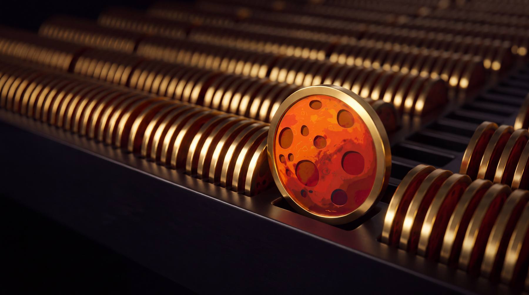 Rows of minted coins in a vault rack