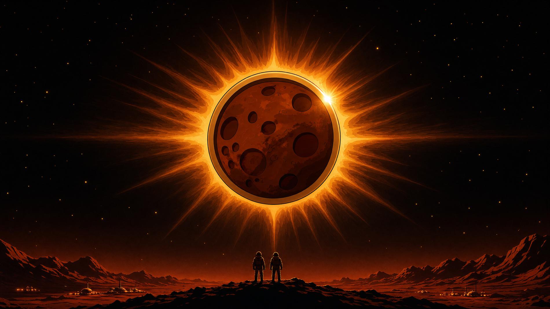 MarsCoin eclipsing the sun over a Martian ridge