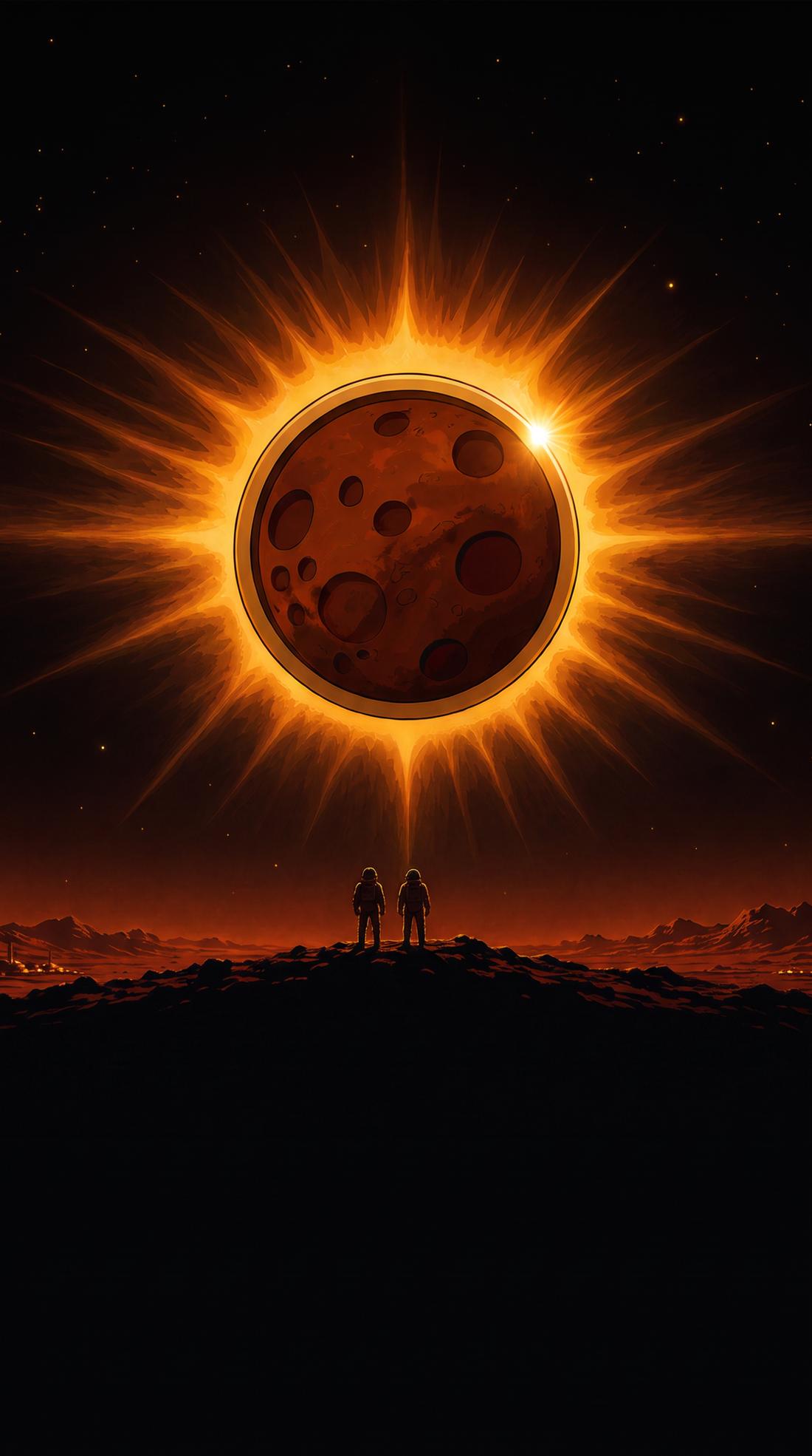 MarsCoin eclipsing the sun over a Martian ridge
