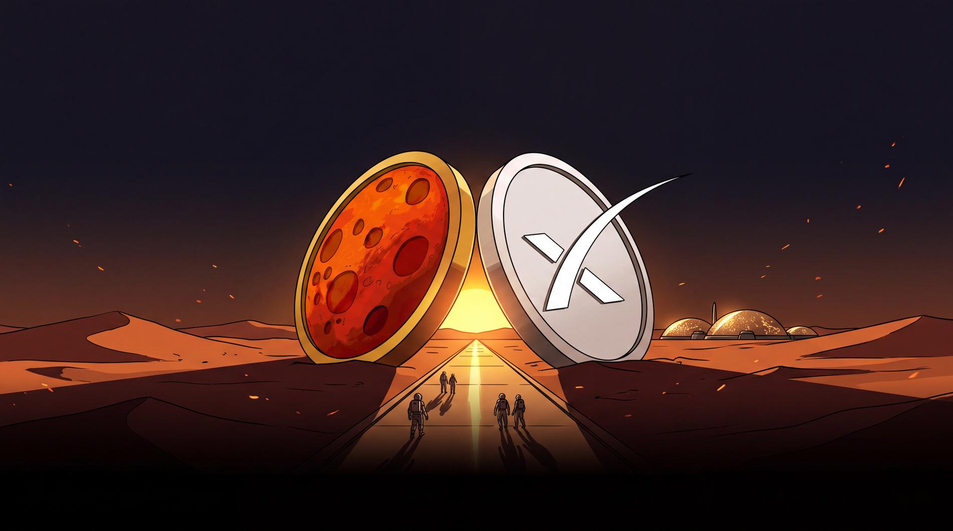 Two coin monuments forming a gateway on Mars
