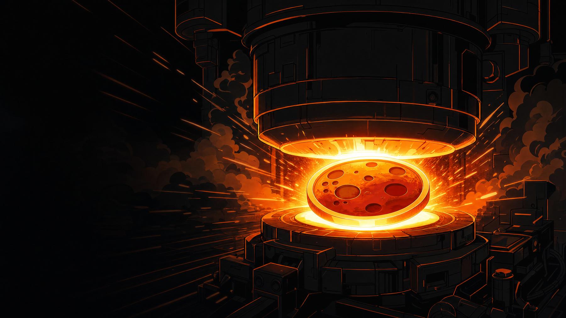 A colossal press striking the MarsCoin