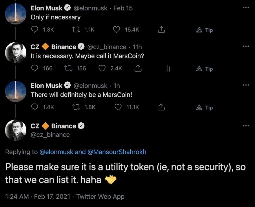 CZ and Elon Musk discussing MarsCoin in February 2021