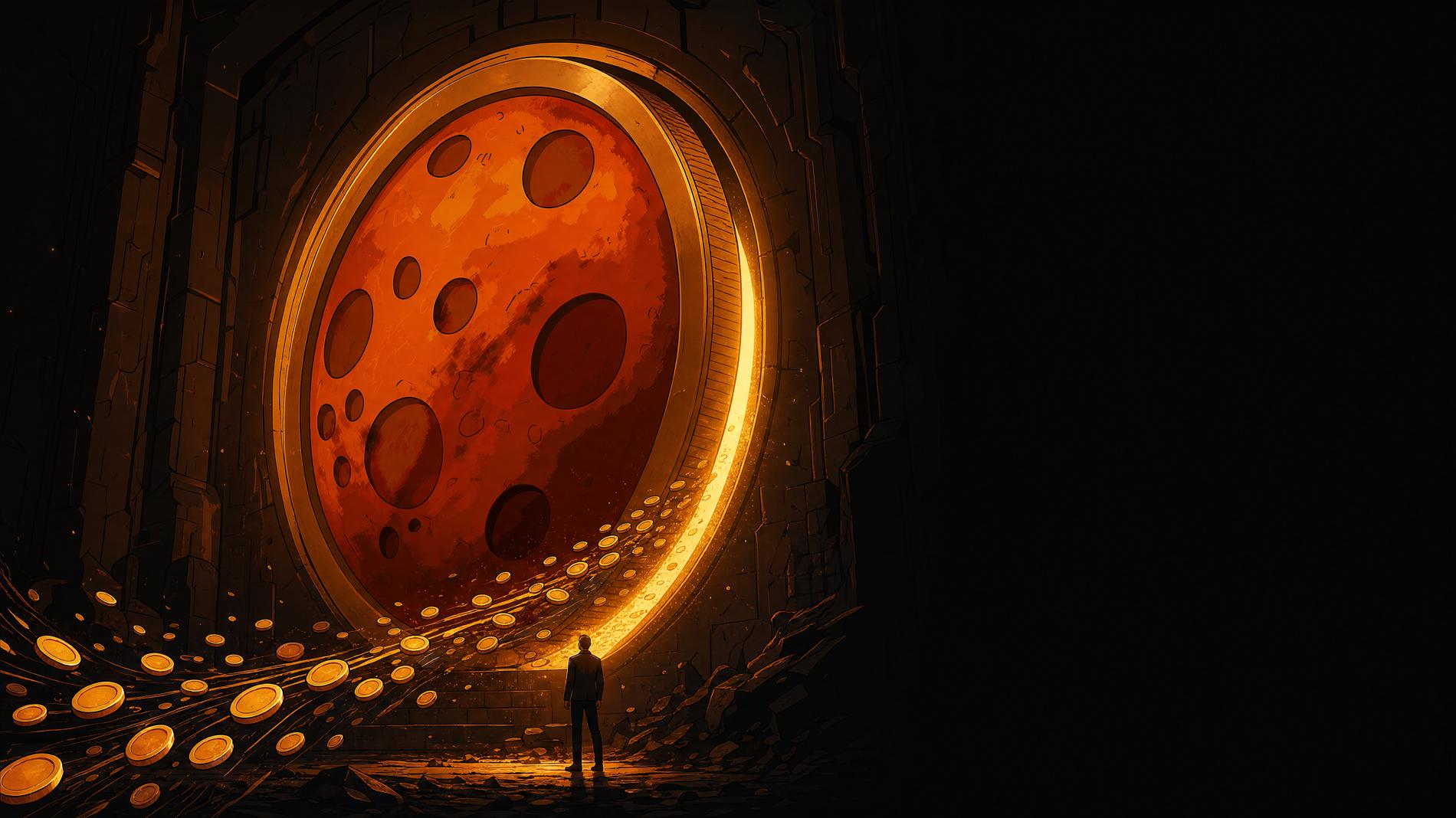 The vault door, ajar, coins streaming out